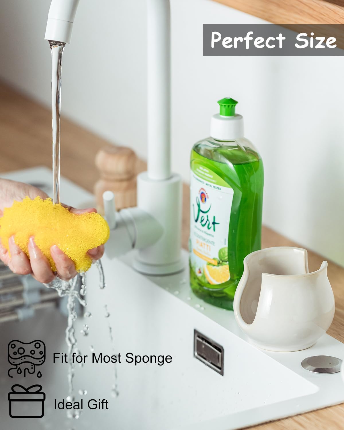 Sponge Holder for Kitchen Sink Counter, Ceramic Dish Sponge Caddy White Sink Organizer Dish Rack Farmhouse Brush Holder for Bathroom, Kitchen, White