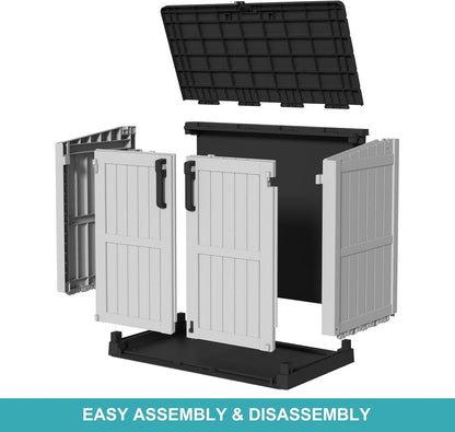 Vixzen 233 Gallon Larger Outdoor Deck Box,Lockable Resin Waterproof Storage Box,UV Resistant,Weather Resistance,Outside Storage Bin for Gardening Tools,Pool Supplies, Black and White