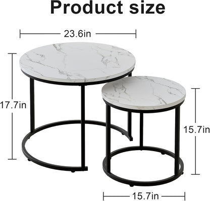 aboxoo Round Nesting Coffee Table Side Table Set of 2 End Tables for Living Room Bedroom Balcony, White Faux Marble Wooden Table Accent Coffee Table with Black Steel Frame
