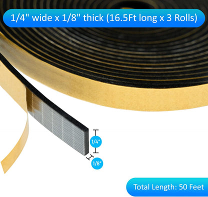 High Density Foam Weather Stripping Door Seal Strip Insulation Tape Roll for Insulating Door Frame, Window, Air Conditioner | Self Adhesive Sealing Weatherstrip (Black, 1/4 in 1/8 in 50 Ft)