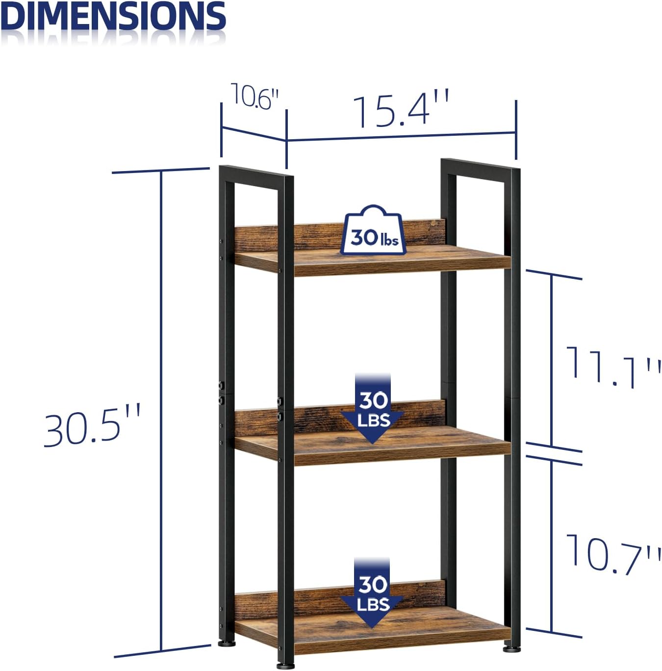 NUMENN Narrow Bookshelf, 3 Tier Bookshelves, Home Office Bookcase Shelf Storage Organizer, Free Standing Storage Shelving Unit for Bedroom, Living Room and Home Office, Vintage