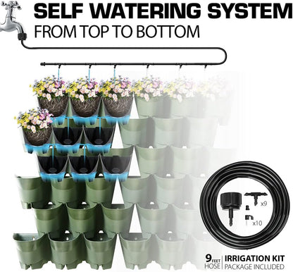 Worth Garden 36 Pockets Self Watering Vertical Planters Indoor Outdoor Living Wall Mounted - 9' Automatic Dripping Irrigation System Hose Kit Stackable Plastic Pot Herb Plants Home Balcony Decoration