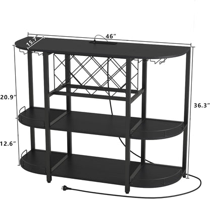 Wine Cabinet Coffee Table with Power Socket and LED Light, Three Tiers Coffee Bar Table Wine Rack Liqour Bar with Large Storage for Home Kitchen (Black)