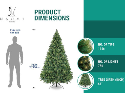 Naomi Home 7.5ft Christmas Tree with Lights, Realistic Traditional Prelit with Pine Cones, Foot Pedal 1556 Branch Tips, 750 Warm Lights and Metal Stand, Aritificial Tree
