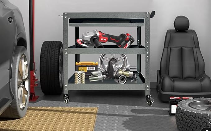 Metal 3 Tier Rolling Tool Cart with Drawer, Steel Utility Cart on Wheels, for Warehouse Garage Workshop