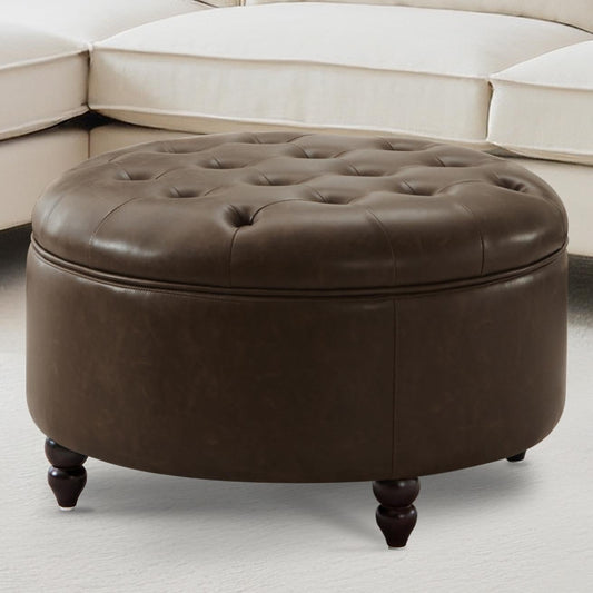 30-Inch Large Round Ottoman, Faux Leather Coffee Table with Removable Lid Top, Upholstered Footrest Modern Button Circle Storage Ottoman for Living Room, Office, PU Coffee
