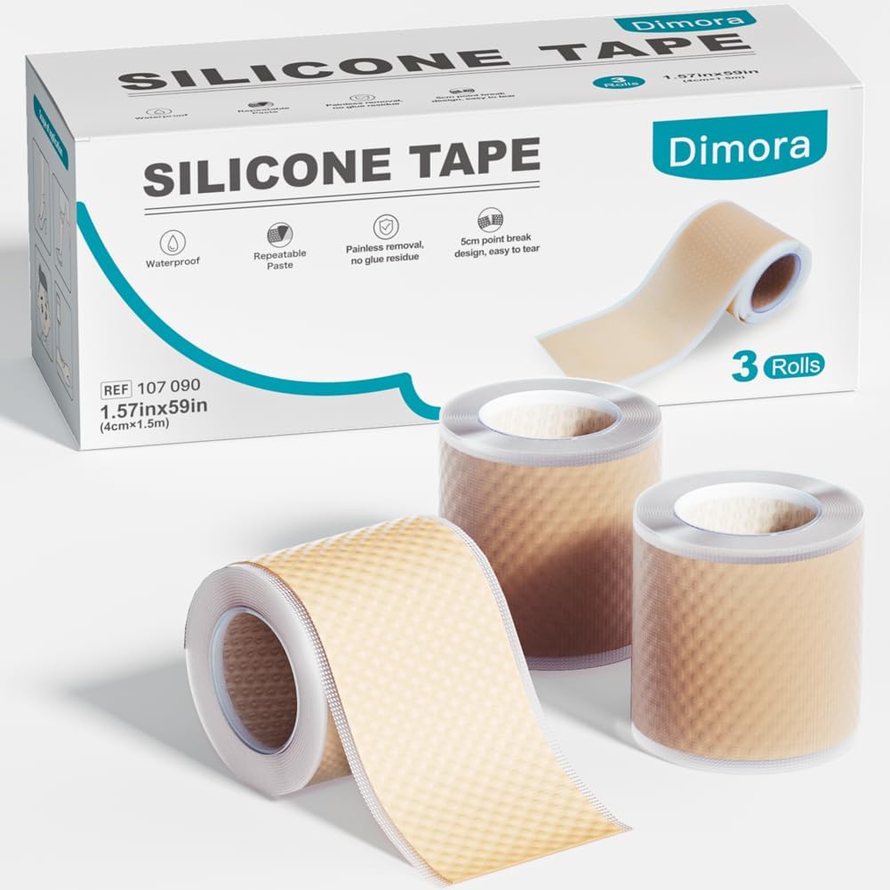 Dimora Silicone Tape 3 Rolls - Hypoallergenic Medical Tape for Sensitive Skin, Pain-Free Removal First Aid Tapes with Easy Tear Precut, Waterproof Surgical Tape,1.6in x 177in