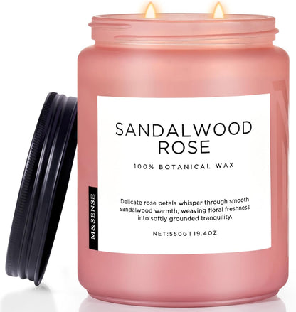 M&SENSE Sandalwood Rose Scented Candle 19.4oz 110 Hours Long Lasting Burn Natural Soy Wax Strong Scented Candle for Home, 2 Wick Home Fragrance Slow Burning Housewarming Gifts for Men Women