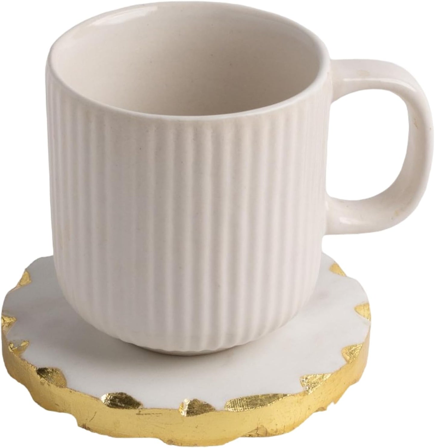 Set of 6 Real Marble Coasters with Golden Borders, decoratice White & Gold Coasters for Desk, Coffee Table | Thick & Heavy Aesthetic Coaster Set, 4 inch Dia (Gold)