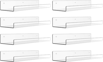 upsimples 8 Pack Acrylic Shelves Wall Organizer and Storage, 15" Display Shelf for Figure, Toy Cars, Perfume, Kids Bookshelf for Bedroom, Nursery, Craft Room, Clear