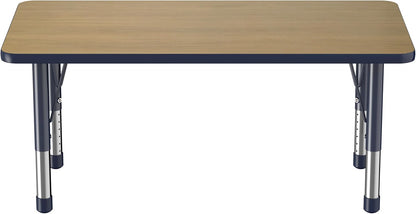 FDP Rectangle (24 x 48 inch) Classroom Table with Adjustable Chunky Toddler Legs (15-24 in); Preschool, Kinder and Daycare Furniture - Pasadena Oak Top/Navy Edge and Legs