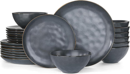 Famiware Dinnerware Sets for 6, Ocean Round 18-Piece Kitchen Plates and Bowls Sets, Microwave and Dishwasher Safe, Scratch Resistant, Matte Black