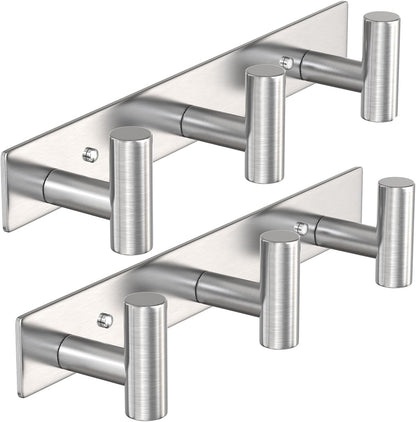 VAEHOLD Silvery Hat and Coat Wall Mount Rack - 3 Hooks for Robes, Bags, Keys, and Towels - Bathroom Towel Hanger Organizer (2 Pack)