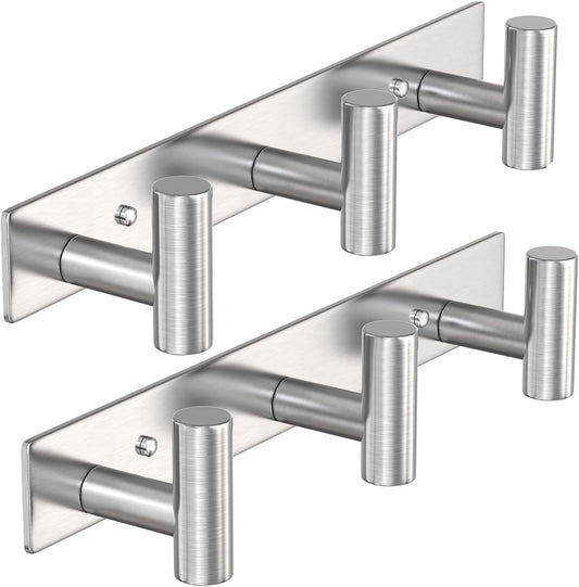 VAEHOLD Silvery Hat and Coat Wall Mount Rack - 3 Hooks for Robes, Bags, Keys, and Towels - Bathroom Towel Hanger Organizer (2 Pack)