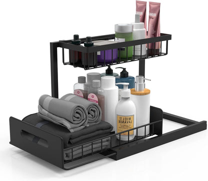 bukfen Under Sink Organizer, Pull Out Cabinet Organizer 2-Tier Slide Out Sliding Shelf Under Cabinet Storage Multi-Use for Under Kitchen Bathroom Sink Organizers and Storage ，2 Pack