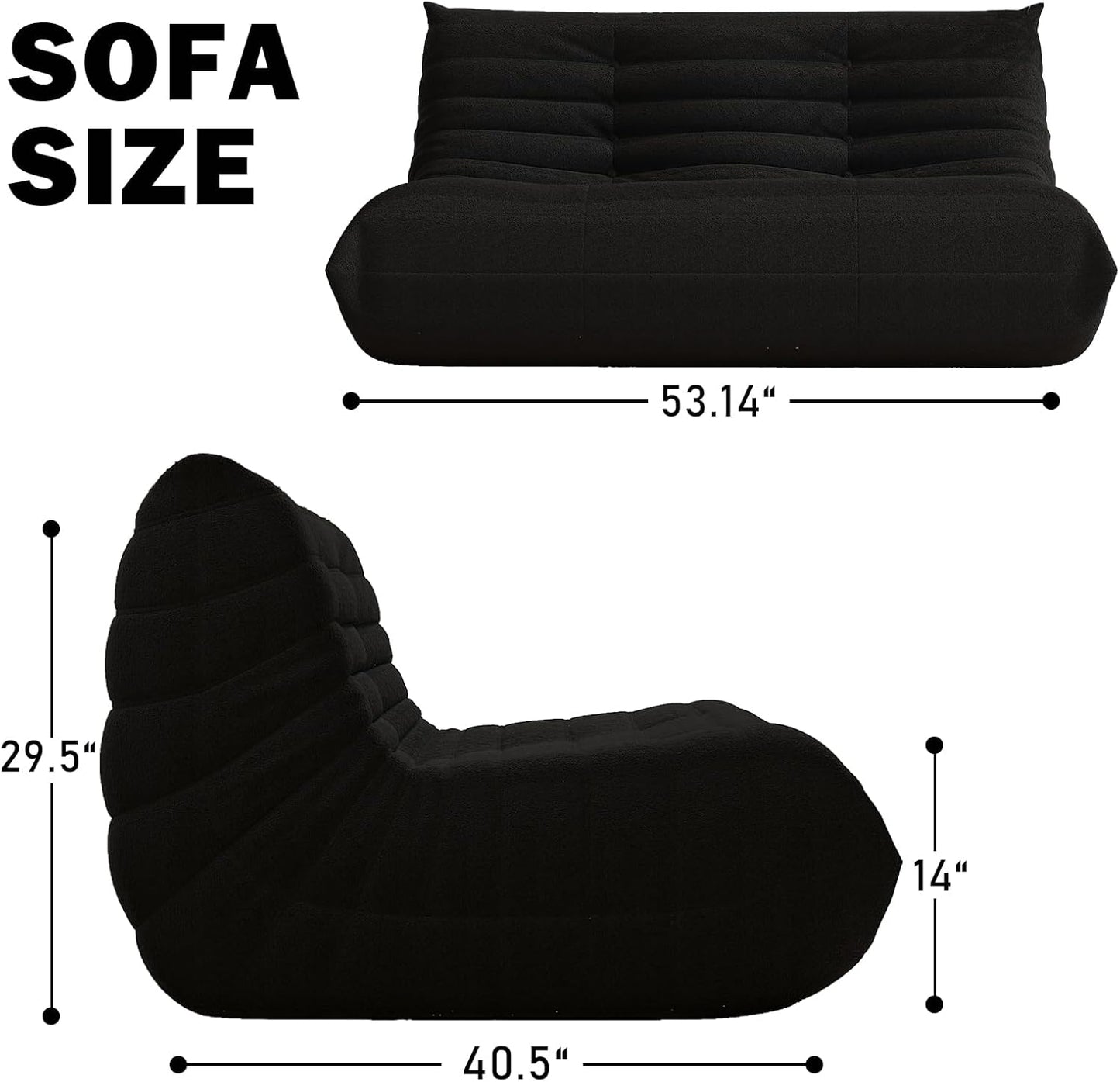 Bean Bag Chair, Loveseat Fireside Chair Bean Bag Sofa Large Bean Bag Chair for Adults, 2 Seater Bean Bag Chairs for Teens with High Density Comfortable Foam, Bean Bag for Living Room, Bedroom (Black)