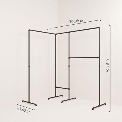 pamo Industrial Pipe Clothing Rack with Shelf - 220 lbs Capacity - Free Standing Clothes Rack and Walk In Closet for Wardrobe