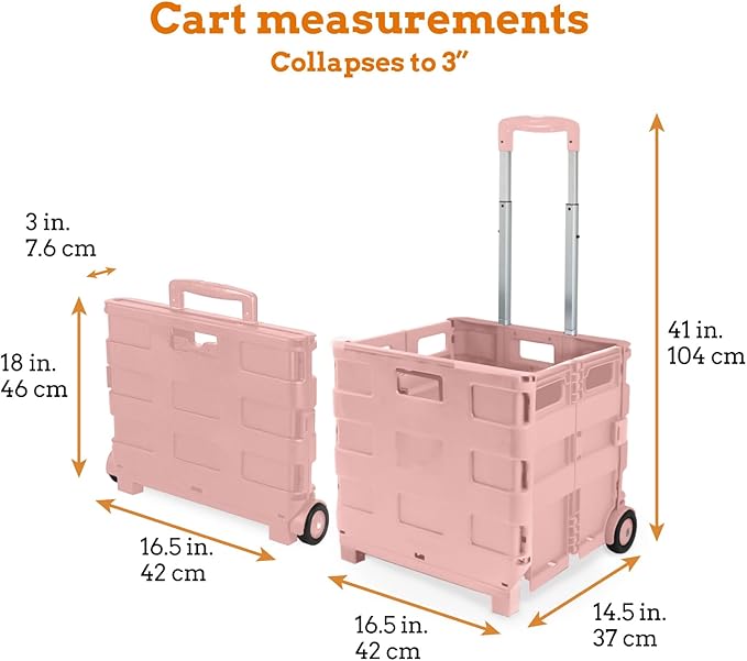 Inspired Living Ultra-Slim Rolling Collapsible Storage Pack-N-Roll Utility-carts, with Telescopic Handle, for Home, Garden, Shopping, Office, School use, Large, Raspberry Pink
