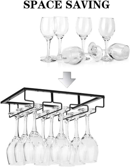 Wine Glass Rack - Under Cabinet Stemware Wine Glass Holder Glasses Storage Hanger 2 Pack Metal Organizer for Bar Kitchen Black