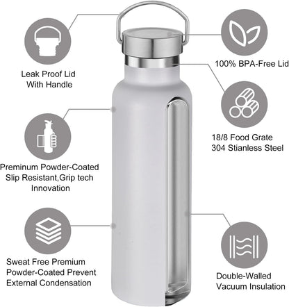 Neihepal White Stainless Steel Water Bottles,20 Ounce Vacuum Insulated Double Wall Travel Bottle with Leak Proof Lid of Handle,Metal Reusable Standard Mouth Flask Thermoses for School,Hikers,Gift