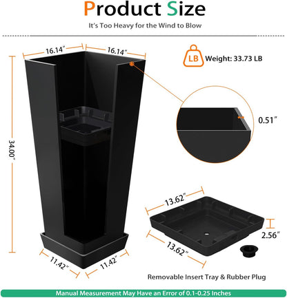 Tall Planters for Outdoor Plants, Large Resin Flower Pots with Saucers for Garden, Front Porch, Patio, Indoor - Set of 2 (Black, 34 inch - 2 Pack)