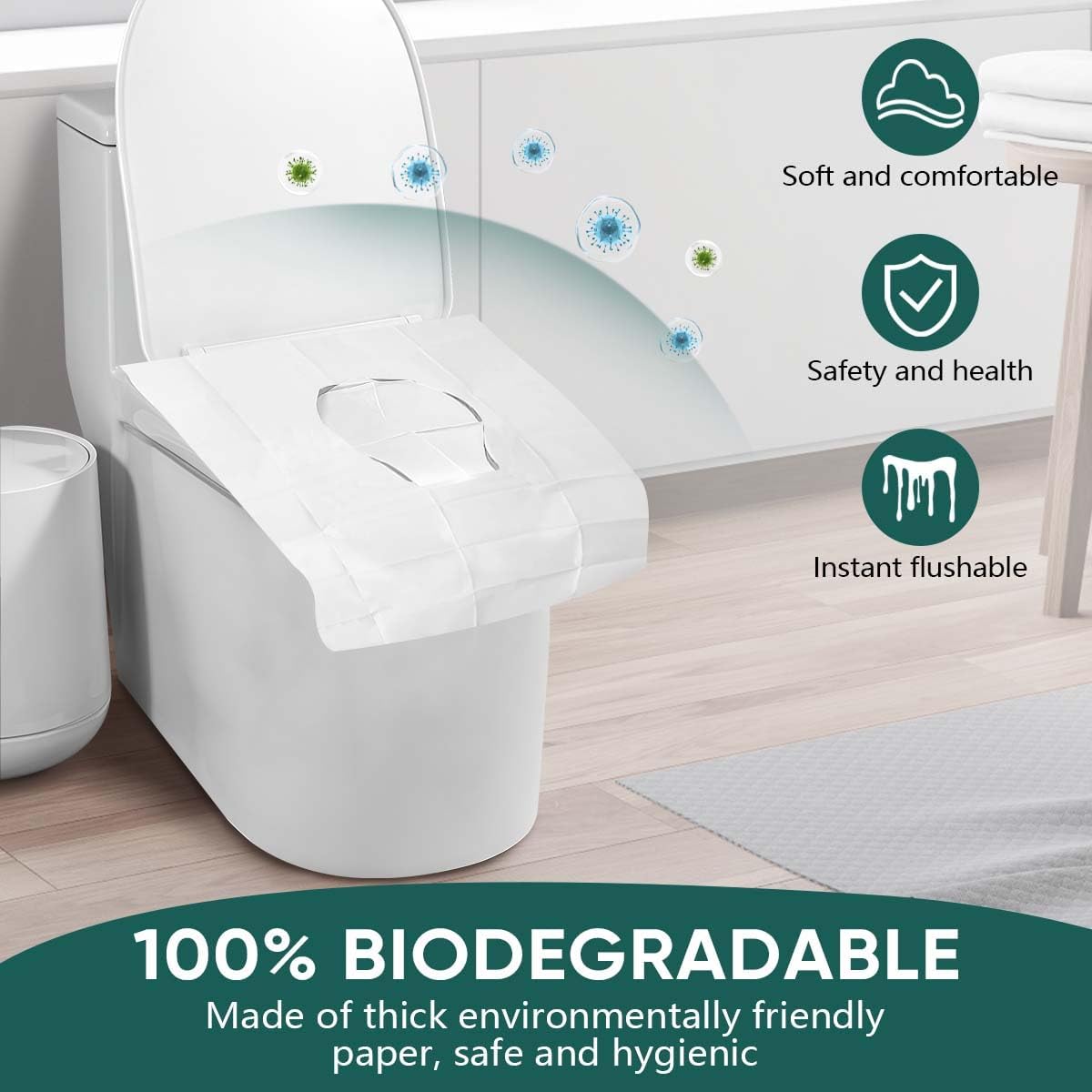 30 Pcs Disposable Flushable Paper Toilet Seat Covers Travel Supplies Essentials for Airplane, Public Restrooms, Bathroom, Hotels, Camping, Kids or Adults