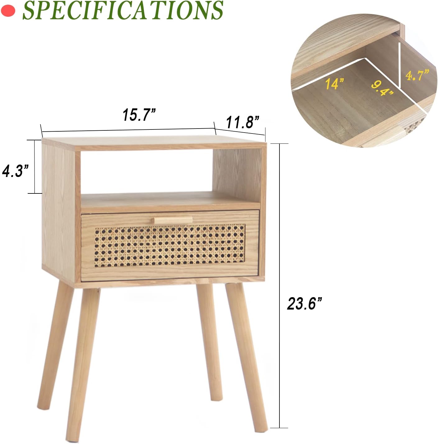 MaxSmeo Modern Nightstand Rattan Side End Table with Storage, for Living Room, Bedroom and Small Spaces, Accent Bedside Farmhouse Tables with Solid Wood Legs, Easy Assembly (Natural Walnut)