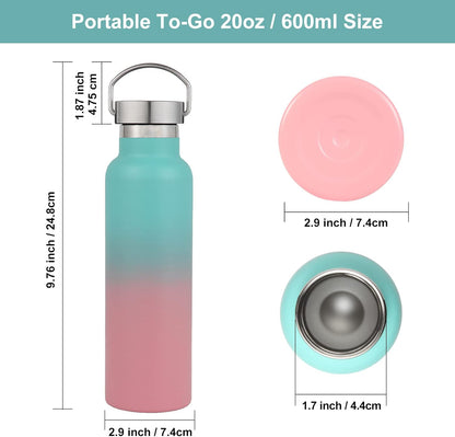 Neihepal 20 oz Insulated Water Bottles Bulk 2 Pack,Stainless Steel Double Wall Sport Bottle with Lid of Handle,Metal Reusable Thermoses Flask for School,Cyclists,Hikers,Gift (Green-Pink,Set of 2)