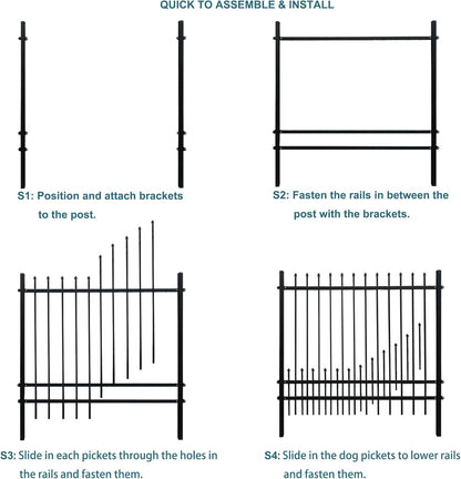 Metal Fence Panels with Dog Pickets, 6ft H x 6.5ft W Galvanized Steel Fence DIY Installation for Outdoor Garden Fence incl. 1 Fence Post, Wrought Iron Style Steel Fence, Black (Upgraded)