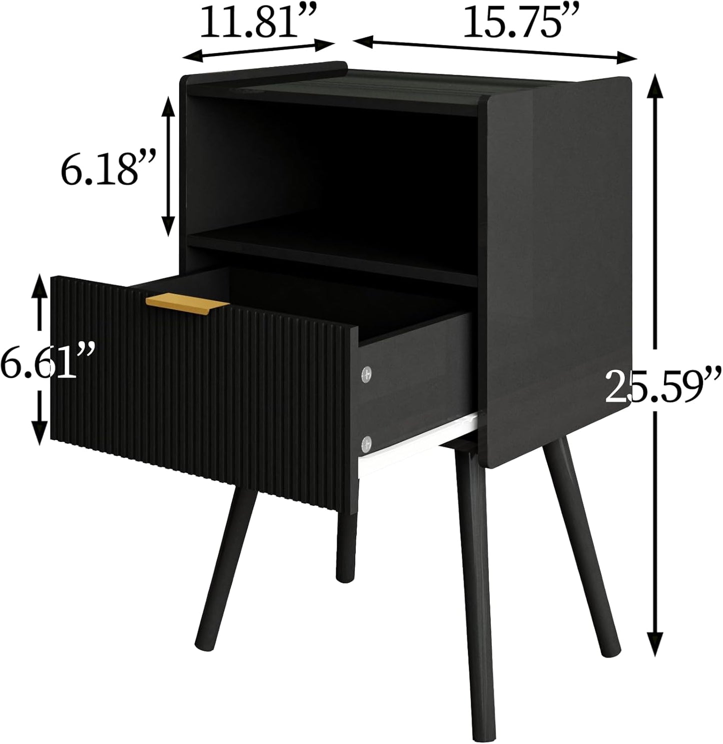 Nightstand,Modern Bedside Table with Storage Drawer and Open Wood Shelf, Accent Night Stand with Solid Wood Legs for Living Room, Bedroom and Small Spaces,Easy Assembly (Black)