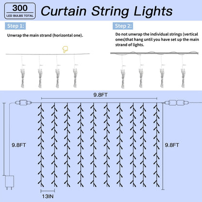 300 LED Curtain String Lights 9.8FT Plug in Fairy Lights with Timer and 8 Modes, Waterproof Window Wall Lights for Bedroom Wedding Party Indoor Outdoor Christmas Decor