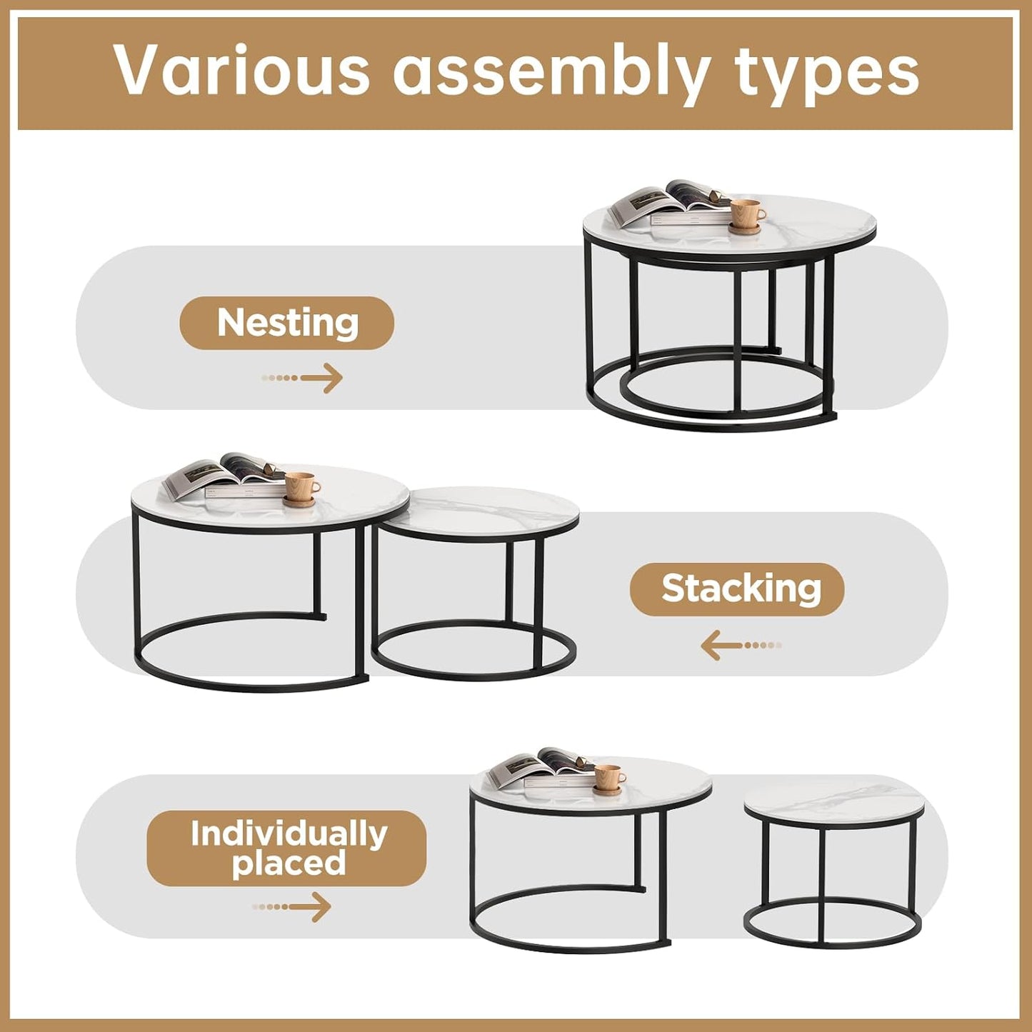 ZL ZELing White Nesting Coffee Table Set of 2, 27'' Round Coffee Table Sintered Stone Top & Metal Frame, End Tables Center Table for Living Room, Small Space