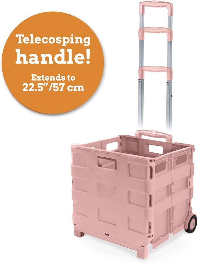 Inspired Living Ultra-Slim Rolling Collapsible Storage Pack-N-Roll Utility-carts, with Telescopic Handle, for Home, Garden, Shopping, Office, School use, Medium, Raspberry Pink