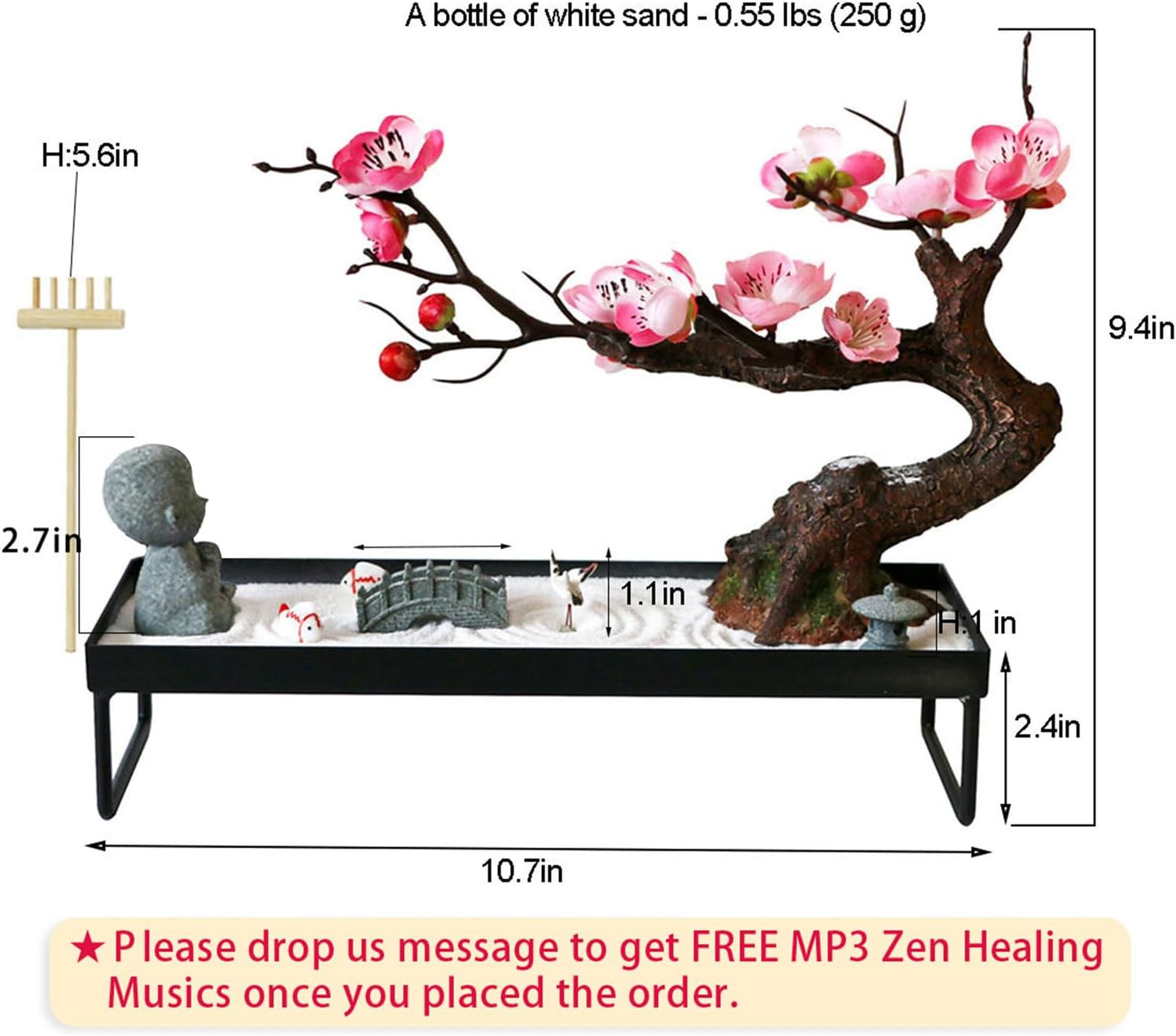 Mini Zen Garden Kit for Desk Tabletop Rock Sand Tray Therapy Kit Office Stress Relief Spiritual Decor Japanese Zen Healing Gifts for Lady Yoga Meditation Accessories with Bonsai Buddha Koli Fish Rake