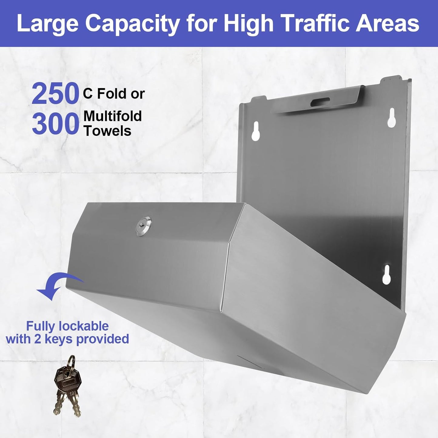 Paper Towel Dispenser Wall Mount, Brushed Stainless Steel Commercial Paper Towel Holder with Lock, Large Capacity 250 C Fold/300 Multifold Towels