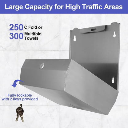Paper Towel Dispenser Wall Mount, Brushed Stainless Steel Commercial Paper Towel Holder with Lock, Large Capacity 250 C Fold/300 Multifold Towels
