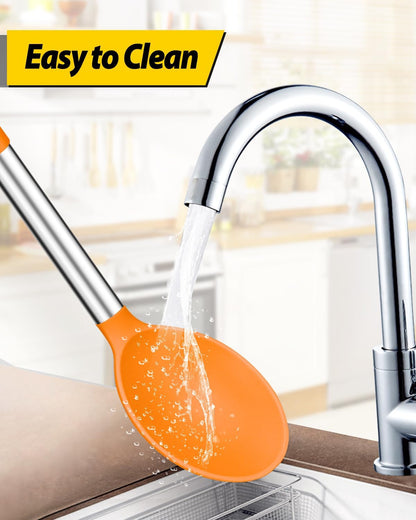 Pack of 2 Large Silicone Cooking Spoons,Non Stick Solid Basting Spoon,Heat-Resistant Kitchen Utensils for Mixing,Serving,Draining,Stirring (ORANGE)