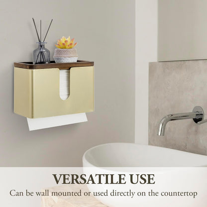 MyGift Deluxe Modern Brass Tone Metal Folded Commercial Paper Towel Holder with Burnt Solid Wood Tray Lid, Wall Mounted Trifold Multifold Z Fold Disposable Napkin Dispenser