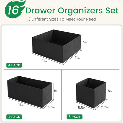 Criusia 16 Pack Underwear Drawer Organizer, Drawer Organizer Clothes, Foldable Cloth Storage Box Closet Dresser Drawer Divider Organizer for Clothes, Scarves (Black)