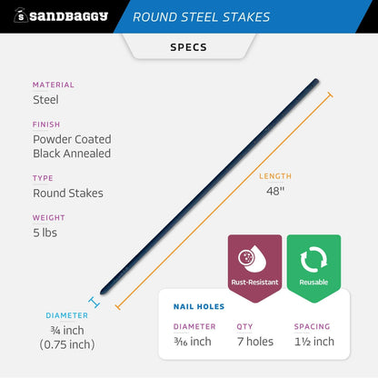 Sandbaggy Round Steel Concrete Form Stakes with Nail Holes - Rust Resistant Coating - Removable, Reusable (200, 3/4 in X 48 in)
