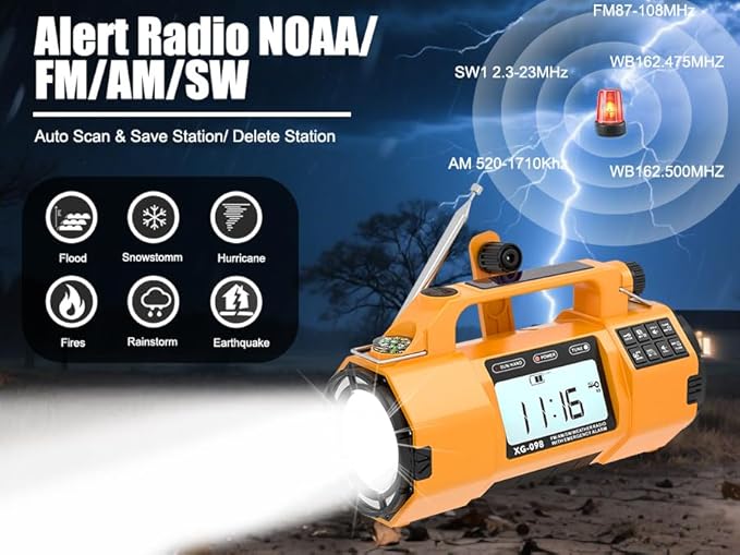 Hand Crank Emergency Radio with NOAA Weather Alert, Replaceable Battery, Rechargeable Portable Solar SW/AM/FM Radio, Clock SOS Alarm & Flashlight Headphone Jack Emergencies