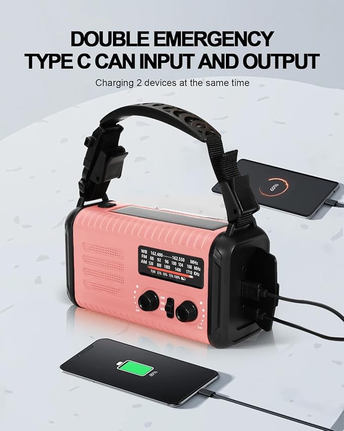 Emergency Crank Radio, 20000mAh / 74000mWh Solar Hand Crank Weather Radio with NOAA/AM/FM, Battery Powered Radio with Cell Phone Charger, Reading Lamp, Flashlight & SOS for Emergencies/Home (Pink)