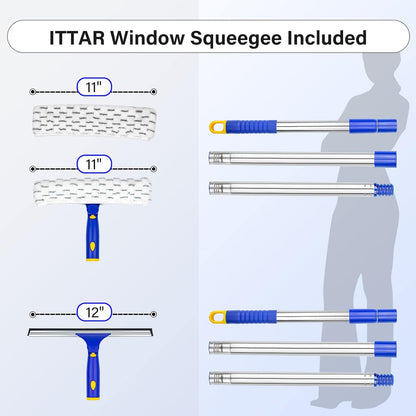 ITTAR Window Squeegee with 2 Sets Stainless Steel Pole, Squeegee Cleaning Tools with Microfiber Pads, 60"-72" Telescopic Window Washing Kit, Professional Squeegee Cleaner for Home Car Outside Glass