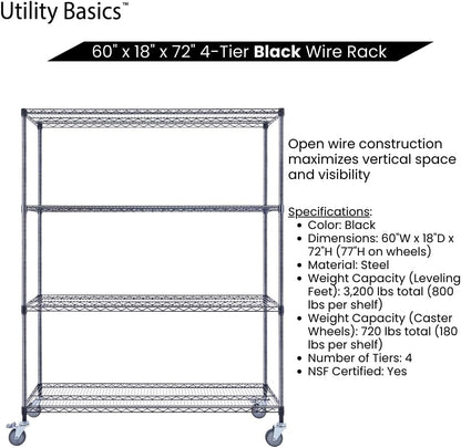 60"x18"x72" Black Premium Metal Steel Wire Shelving 4-Tier NSF 3200 LBS MAX Capacity Heavy Duty Storage Rack for Garages, Commercial Spaces, Hospitals, & Schools w/Premium Wheels