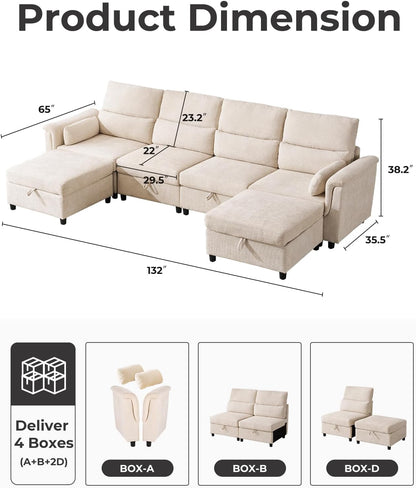 132'' Oversized Modular Sectional Sofa, U Shaped Comfy Sectional Couch with Large Storage, 6 Seat Chenille Deep Seat Cloud Sofa with 2 Throw Pillows for Living Room,Beige