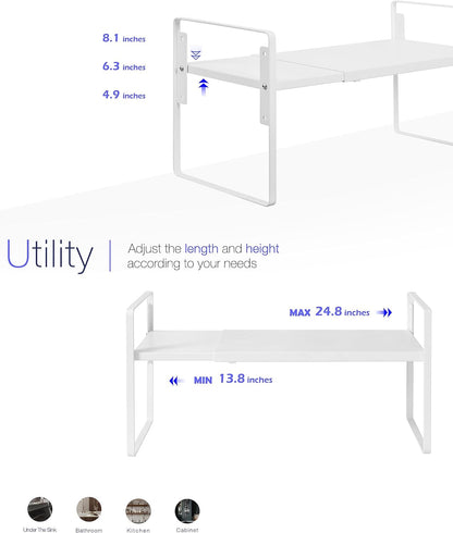 Nxconsu Cabinet Shelf Expandable Height Adjustable Shelf Organizer Riser for Kitchen Cabinet Pantry Cupboard Under Sink Countertop Organization Storage Space Saver Stackable Heavy Duty Metal White XL