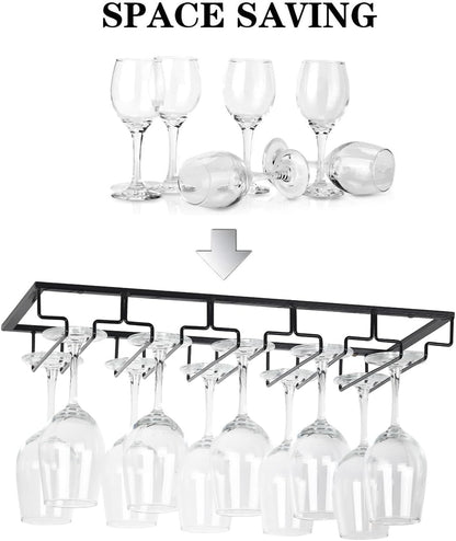 Wine Glass Rack - Under Cabinet Stemware Wine Glass Holder Glasses Storage Hanger 1 Pack Metal Organizer for Bar Kitchen 5 Rows Black