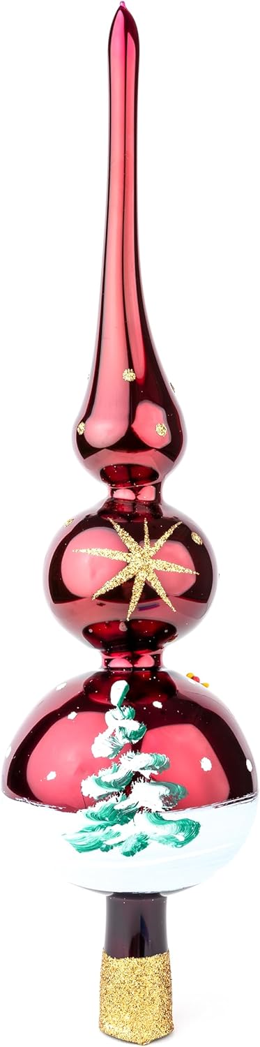 Christmas Tree Topper Spitz Glass Mouth Blown Hand-Decorated Embellishments (Burgundy, 12 inch)