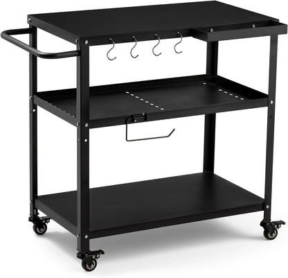 Outdoor Grill Cart Table,Indoor and Outdoor Pizza Oven Table,with 4 Movable Total Lock Casters, Hooks, Side Handle Multifunctional (Black)