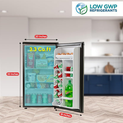 E-Star 3.3 Cu Ft Mini Fridge without Freezer - AUTO DEFROST, Reversible Single Door, Glass Shelf Refrigerator - A Space-Saving Marvel for Your Bedroom, Dorm, and Office